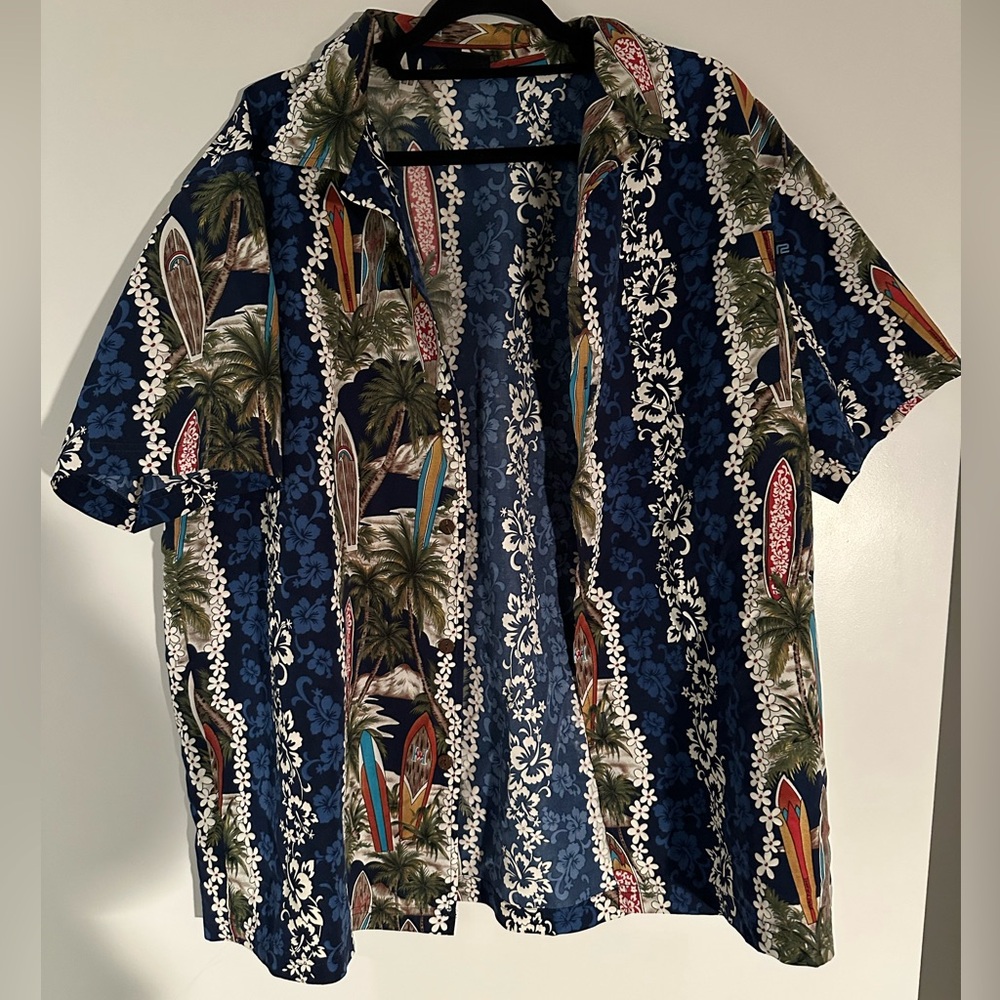Hawaiian shirt with surf boards and florals